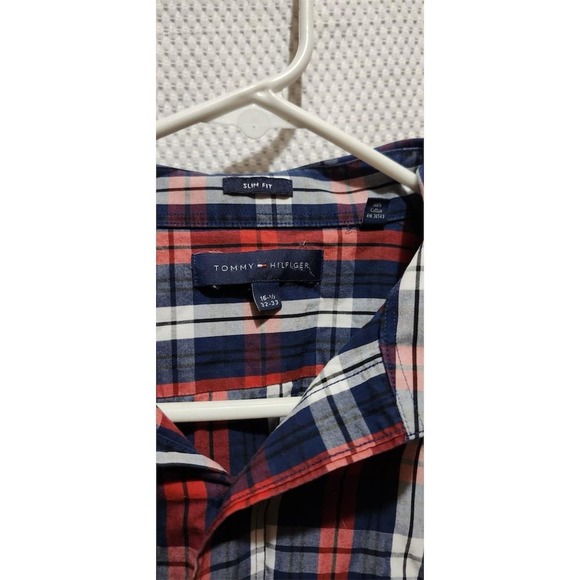 Tommy Hilfiger Men's Plaid Long Sleeve Shirt Size 16 1/2 x 33 M R/W/B slim fit - Picture 2 of 3